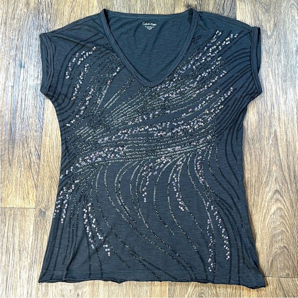Calvin Klein Charcoal Embellished Short Sleeve Top